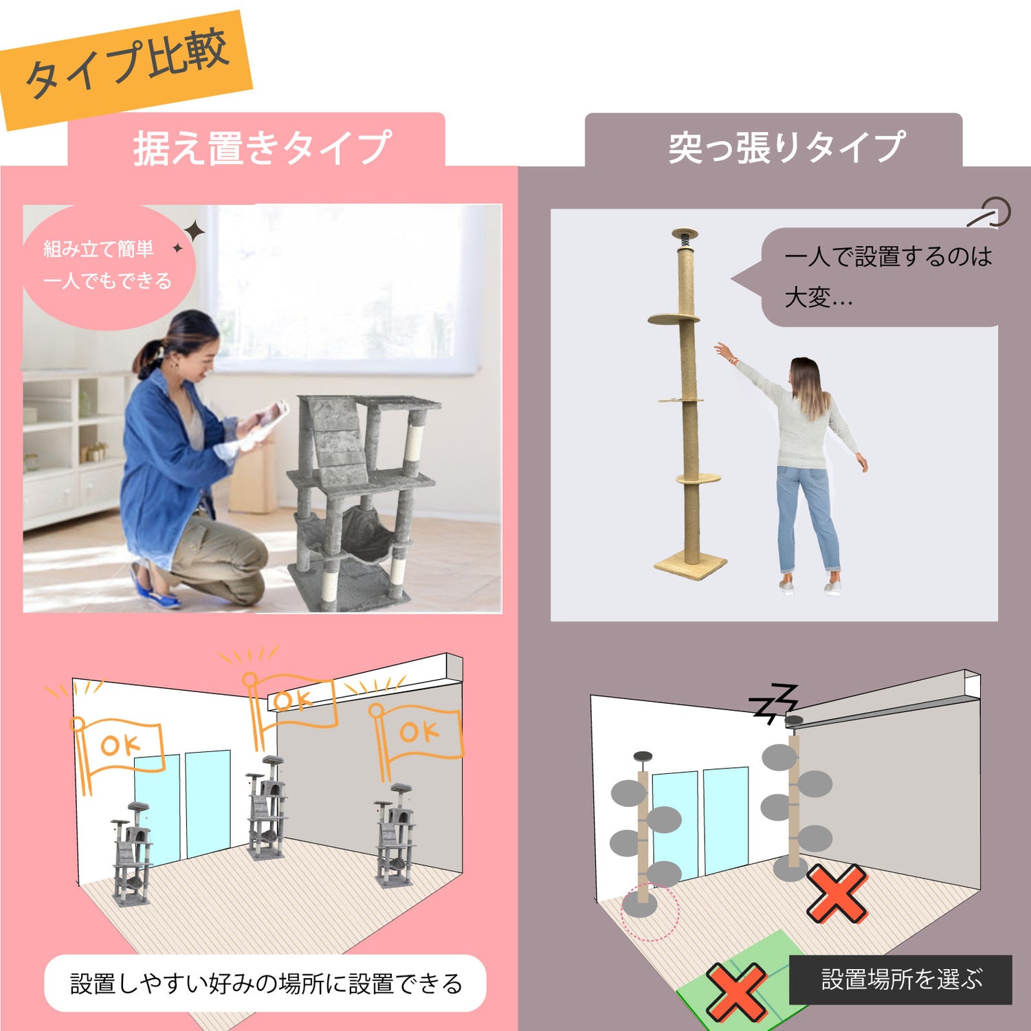 【高さ180cm】置くだけキャットタワー ハンモック付き