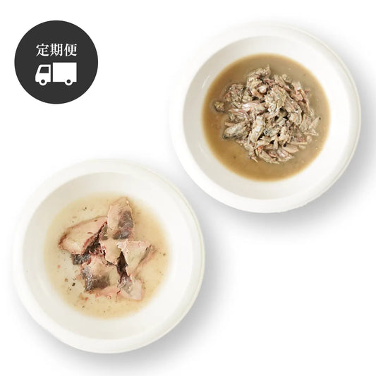 【定期便】小魚タイプと切り身タイプがお皿の上に盛り付けられた写真